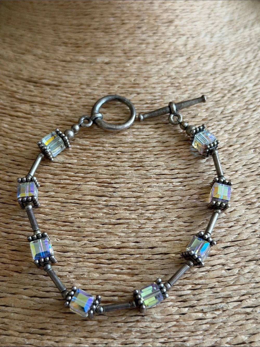 Crystal bracelet Aurora borealis squares with sterling silver findings